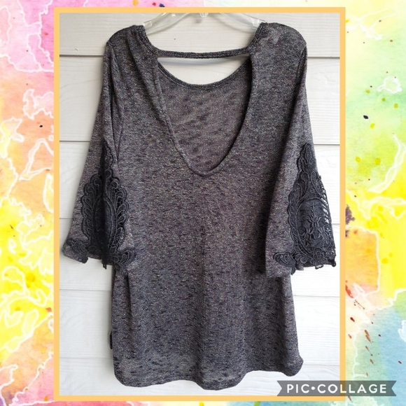 Buckle 3/4 Lace-sleeve Scoop Neck V-back Shimmery Rainbow Metallic Thread Tunic - Picture 16 of 16